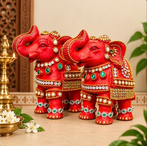 Royal Red Stone Work Elephant Showpiece Pair – Premium Traditional Handmade Home Décor(6inch=H*L=6*6)