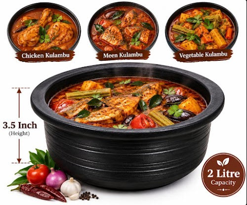 Royal Chettinadu Black Clay Kulambu Chatti | Handmade Earthen Clay Cooking Pot | Traditional South Indian Cookware[2LITRE=H*L=3.5*10]