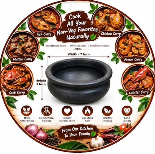 Earthen Black Clay Meen Kulambu Chatti 1 Litre | Traditional South Indian Fish Curry Pot | Handmade Clay Cooking Pot