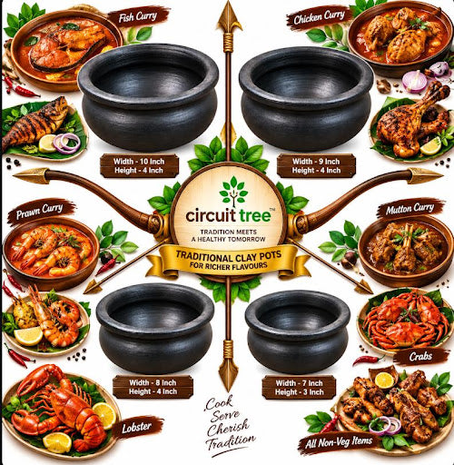 Earthen Black Clay Meen Kulambu Chatti Combo Set | 1Liter, 1.5Liter, 2Liter & 3Liter Traditional Clay Cooking Pots | South Indian Fish Curry Pot Set
