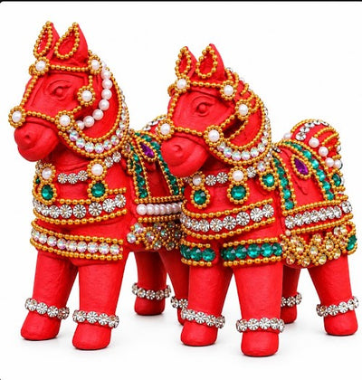 Royal Handcrafted Terracotta Horse Pair | Traditional Decorative Horse Idol for Home & Pooja Room(4inch=H*L=4*4)