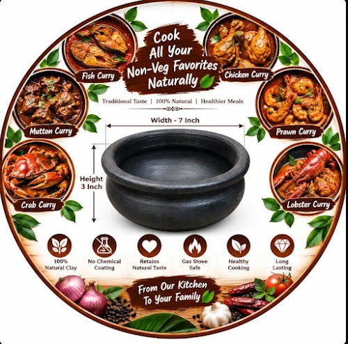 Earthen Black Clay Meen Kulambu Chatti 1.5 Liter | Traditional South Indian Fish Curry Pot | Handmade Clay Cooking Pot