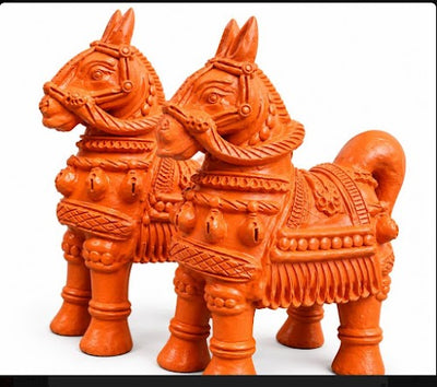 Royal Handmade Terracotta Horse Pair Showpiece | Traditional Indian Horse Statue | Premium Ethnic Home Décor(12inch=H*L=12*12)