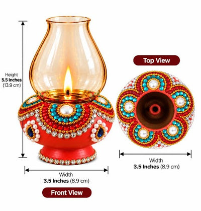 Royal Terracotta Stone Work Chimni Lamp | Handcrafted Traditional Earthen Oil Lamp with Glass Chimney | Decorative Diya for Pooja & Home Décor[5.5inch=H*L=5.5*3.5]