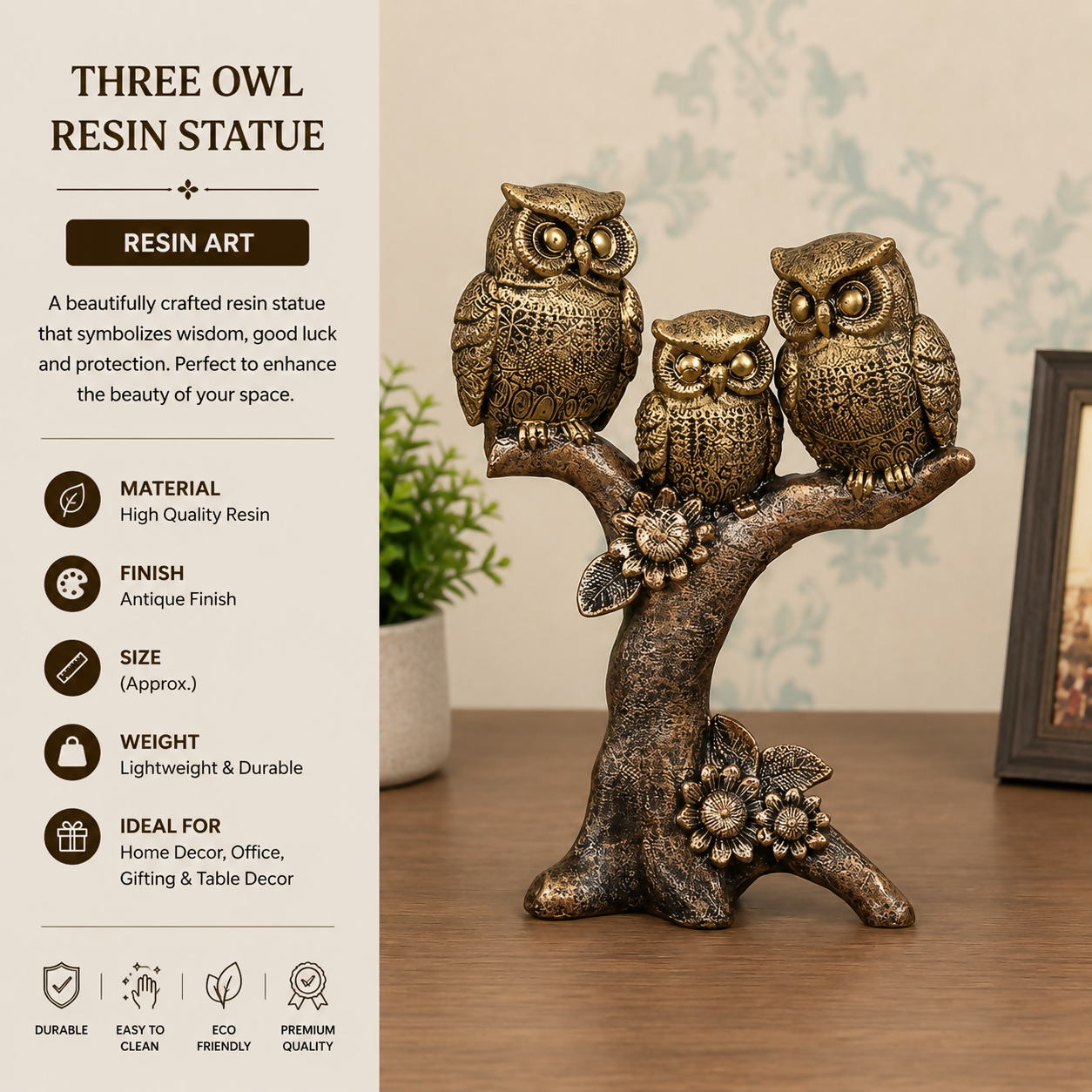 Three Wise Owls Resin Showpiece | Symbol of Wisdom & Good Luck