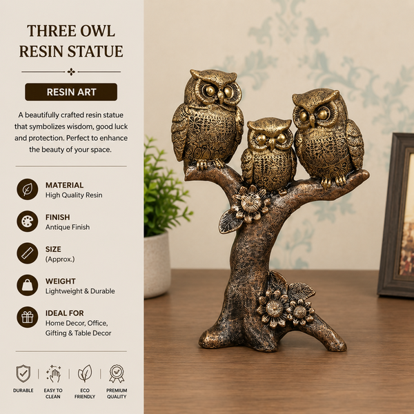 Three Wise Owls Resin Showpiece | Symbol of Wisdom & Good Luck