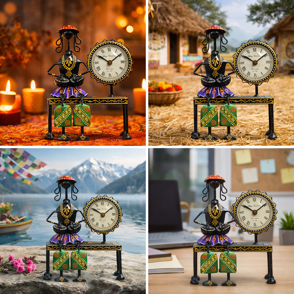 Handcrafted Metal Musician Table Clock – Ethnic Art Decorative Desk Clock for Home & Office