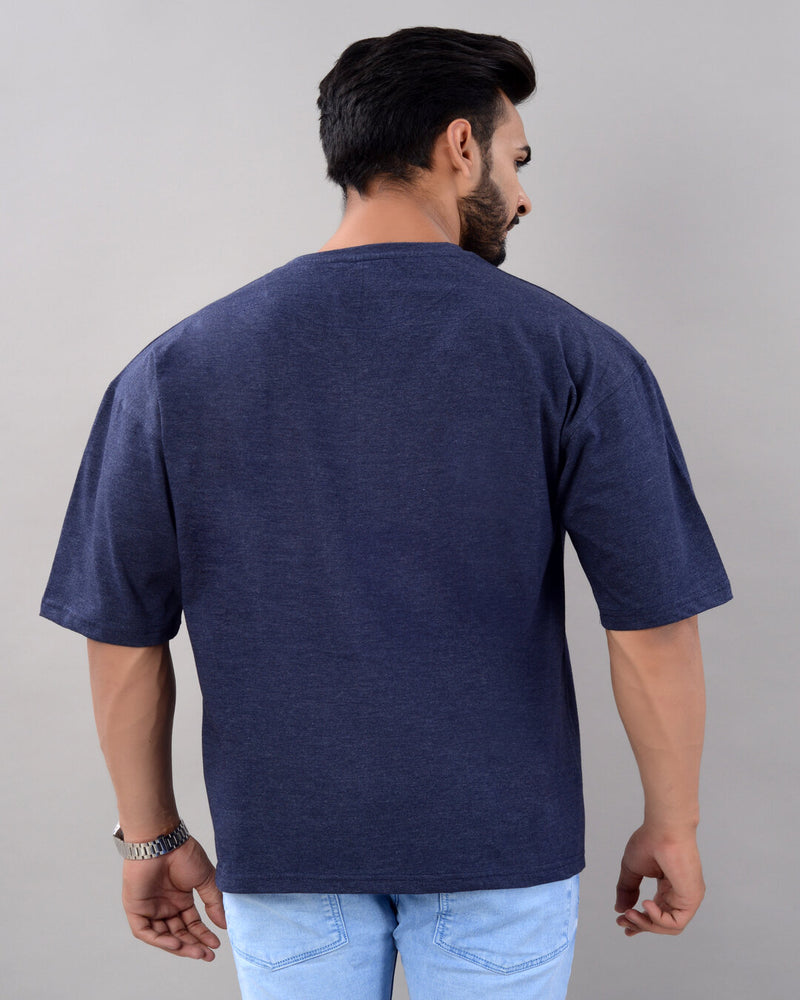 Cotton Blend Oversize Loose Fit Drop Shoulder Round Neck Half Sleeve Graphic Printed Blue T-Shirt for Men (SIZE- M,L,XL,XXL)