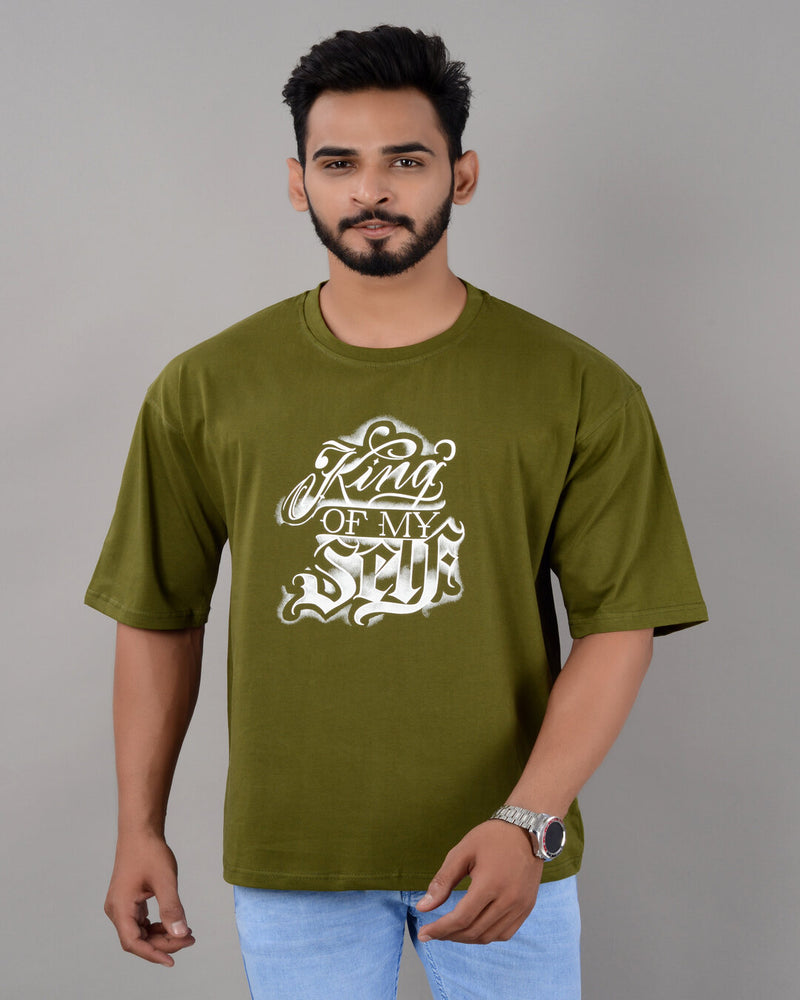 Cotton Blend Oversize Loose Fit Drop Shoulder Round Neck Half Sleeve Graphic Printed Olive T-Shirt for Men (SIZE- M,L,XL,XXL)