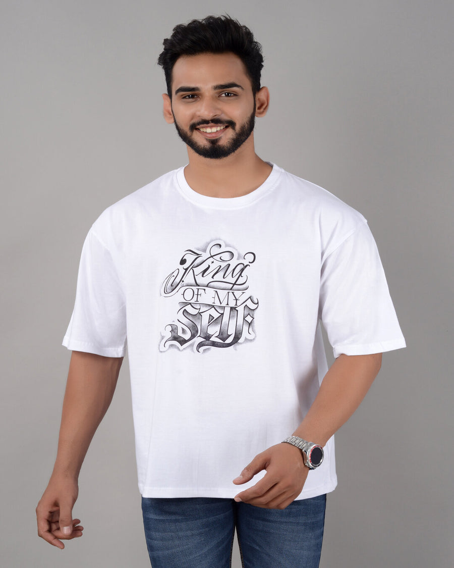 Cotton Blend Oversize Loose Fit Drop Shoulder Round Neck Half Sleeve Graphic Printed White T-Shirt for Men (SIZE- M,L,XL,XXL)