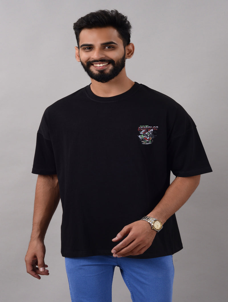 Hustle Men Half Sleeve Round Neck Black Graphic Print Oversized Fit T-Shirts (SIZE- M,L,XL,XXL)