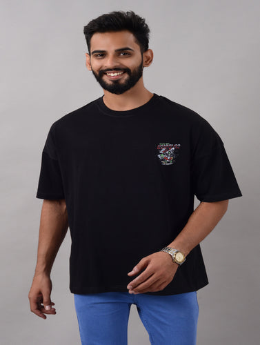 Hustle Men Half Sleeve Round Neck Black Graphic Print Oversized Fit T-Shirts (SIZE- M,L,XL,XXL)