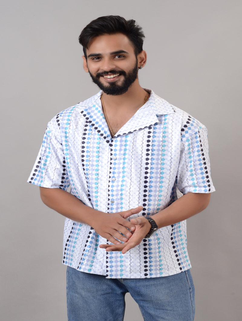 Men Blue Cotton Blend Printed Spread Collar Half Sleeves Oversized Casual Shirt (SIZE- M,L,XL)