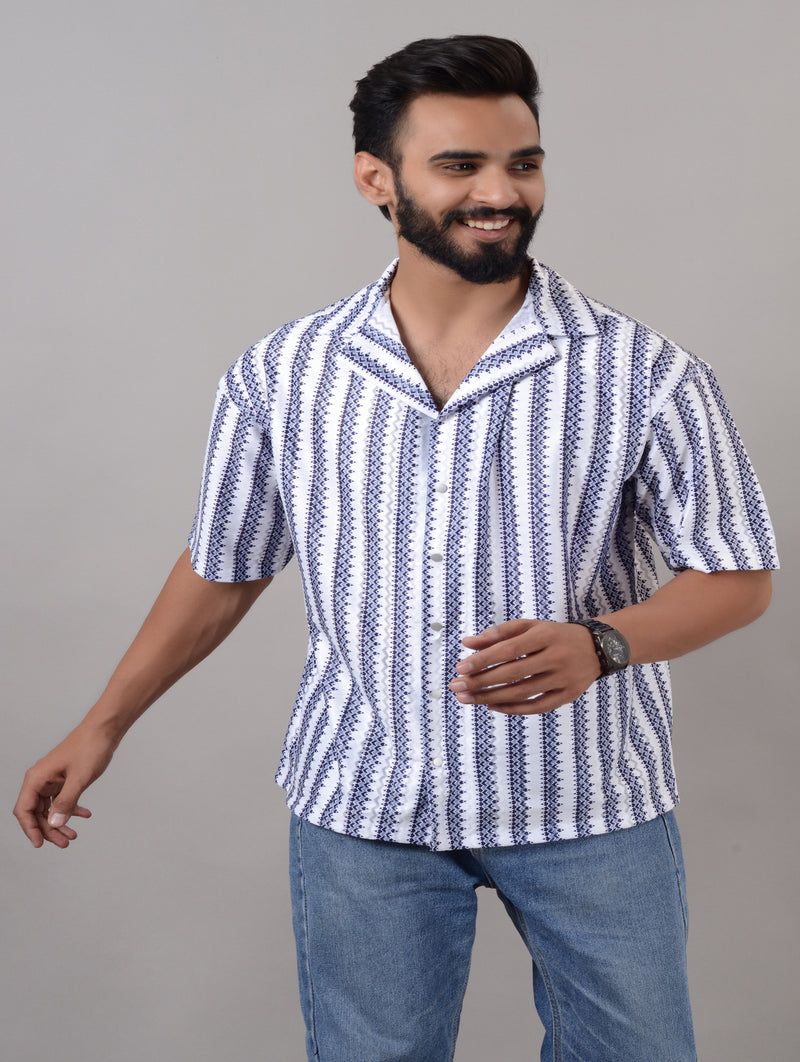 Men Blue Cotton Blend Striped Spread Collar Half Sleeves Oversized Casual Shirt (SIZE- M,L,XL)