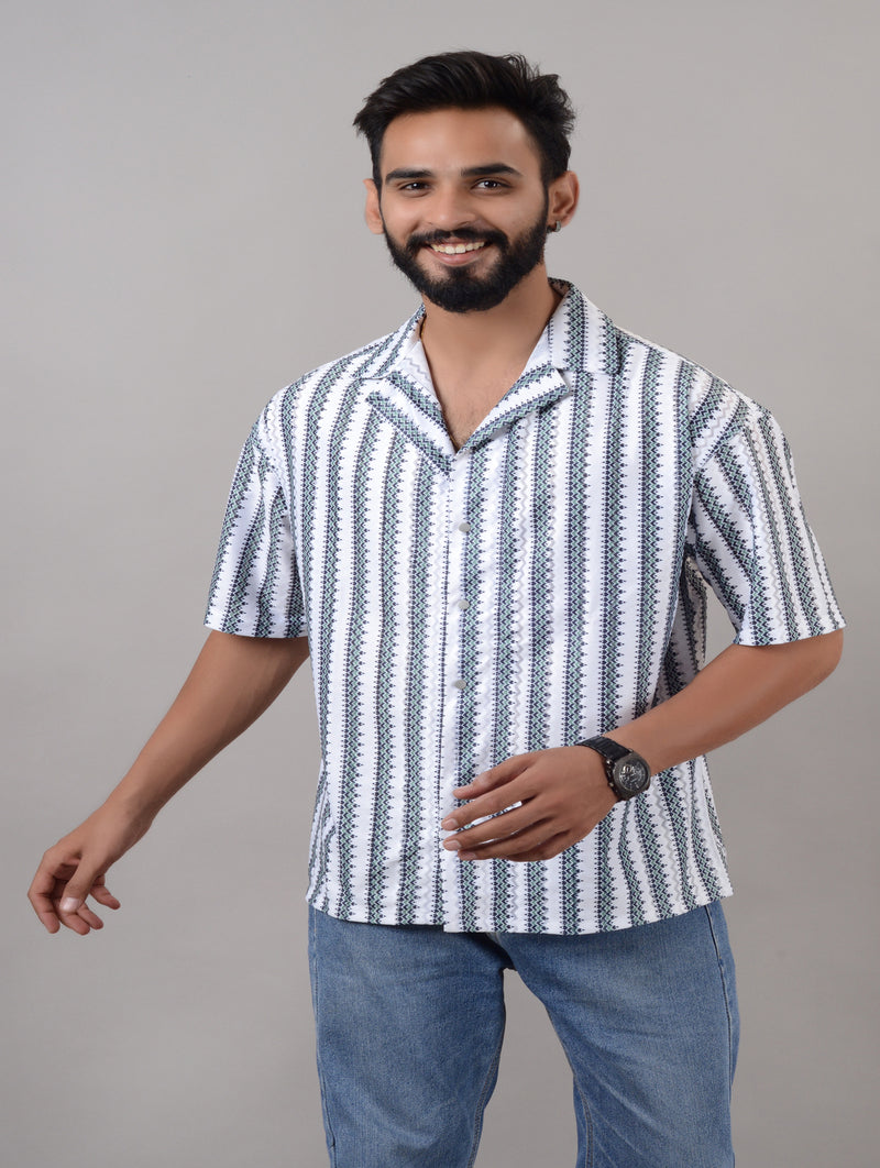 Men Green Cotton Blend Striped Spread Collar Half Sleeves Oversized Casual Shirt (SIZE -M,L,XL)