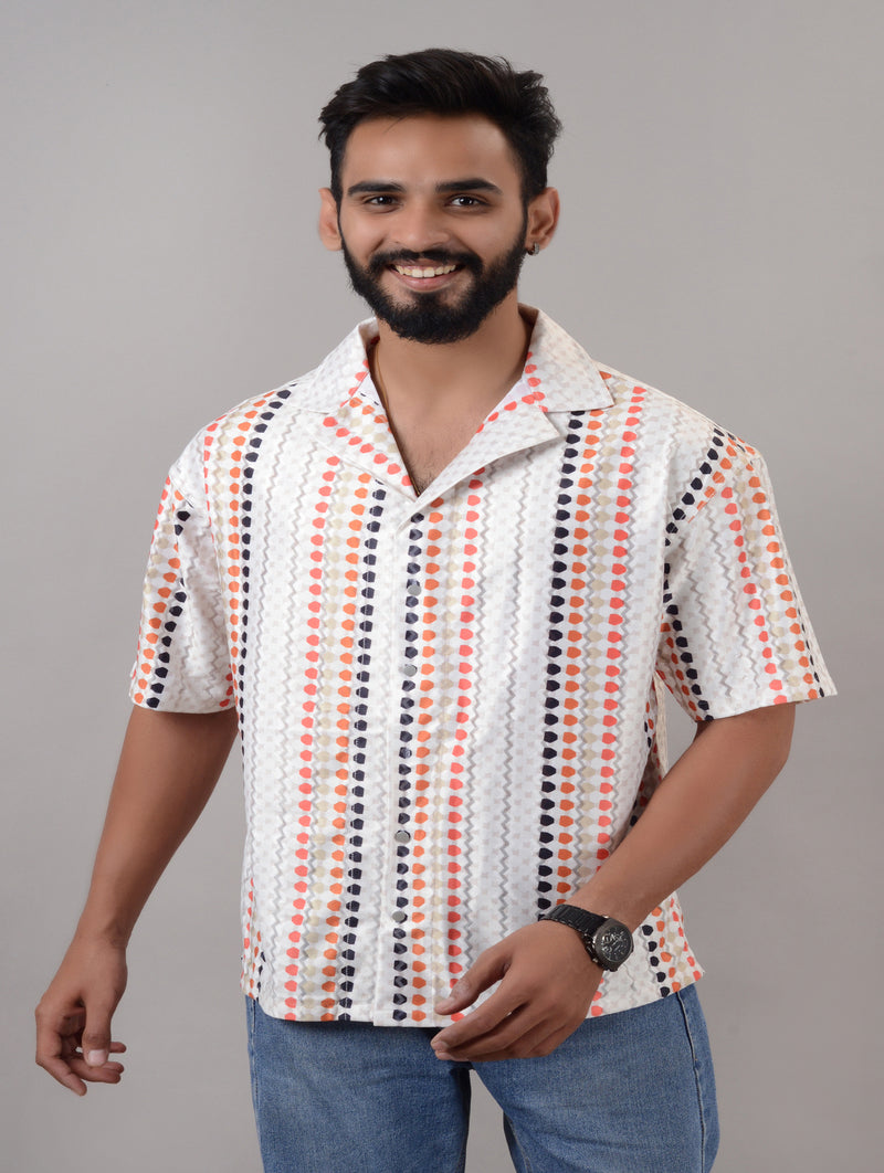 Men Orange Cotton Blend Printed Spread Collar Half Sleeves Oversized Casual Shirt (SIZE- M,L,XL)
