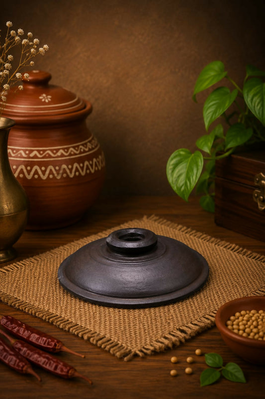 Black Lid 9 inch Black Terracotta Clay Lid for Cooking Pots | Handmade Earthen Pot Cover | Traditional Kitchenware | Natural & Eco-Friendly | Heat Resistant | Perfect Fit for Paal Chatti, Kulambu Chatti & Clay Cookware | 100% Toxin Free | Authentic Villa
