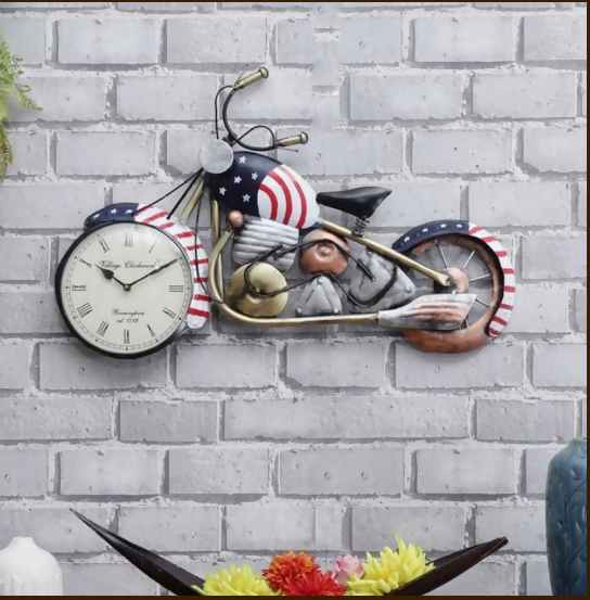 American Style Bike Wall Clock – Vintage Motorcycle Design Decorative Clock for Home & Office