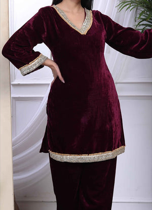 1. Wine Velvet Embroidered Indowestern Co ord Set Festive Wear