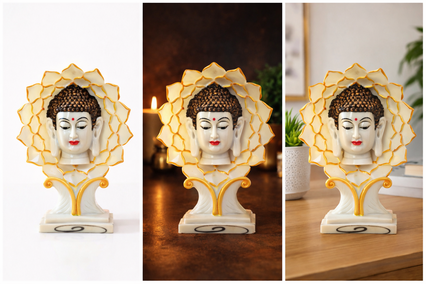 White & Gold Buddha Face Lotus Decorative Showpiece