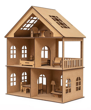 1. Wooden Toy House with Furniture for Kids (Free Paint Set)