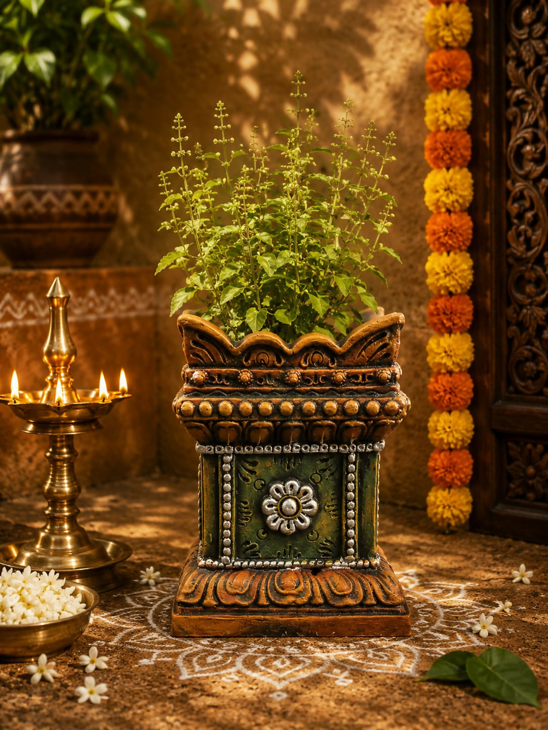 Terracotta Gardening Brindavan Tulasi pot With Drainage Hole at Bottom 14 inch ( Multi color )
