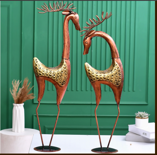 Handcrafted Metal Deer Showpiece Set (Set of 2) | Elegant Long-Leg Decorative Figurines for Home & Office Decor | Premium Gift Item