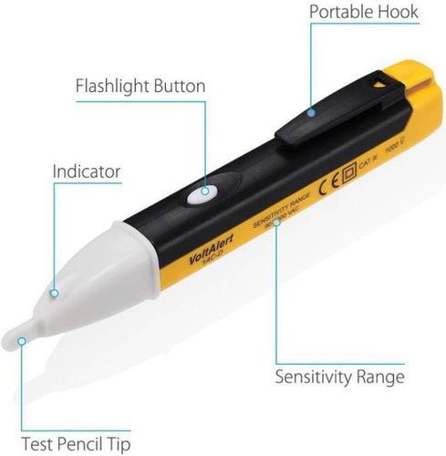 Yellow Voltage Tester 90~1000V Ac Electric Voltage Power Detector Alert Sensor Tester Led Light Non-Contact Pen,Yellow (1), Battery Powered