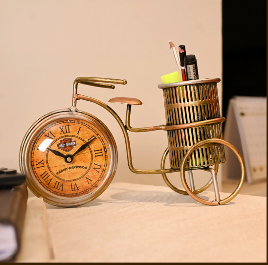 Vintage Cycle Design Pen Stand with Clock – Premium Metal Desk Organizer | Creative Office & Home Decor Gift