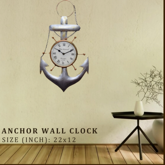 Vintage Anchor Wall Clock – Nautical Style Decorative Hanging Clock for Home & Office (22x12 Inch)